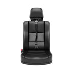 A black leather car seat with an integrated headrest and a five-point safety belt, shown from the front against a solid white background. The brand name 'RallyeLife' is embroidered on the headrest.