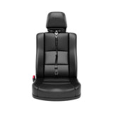 A black leather car seat with an integrated headrest and a five-point safety belt, shown from the front against a solid white background. The brand name 'RallyeLife' is embroidered on the headrest.